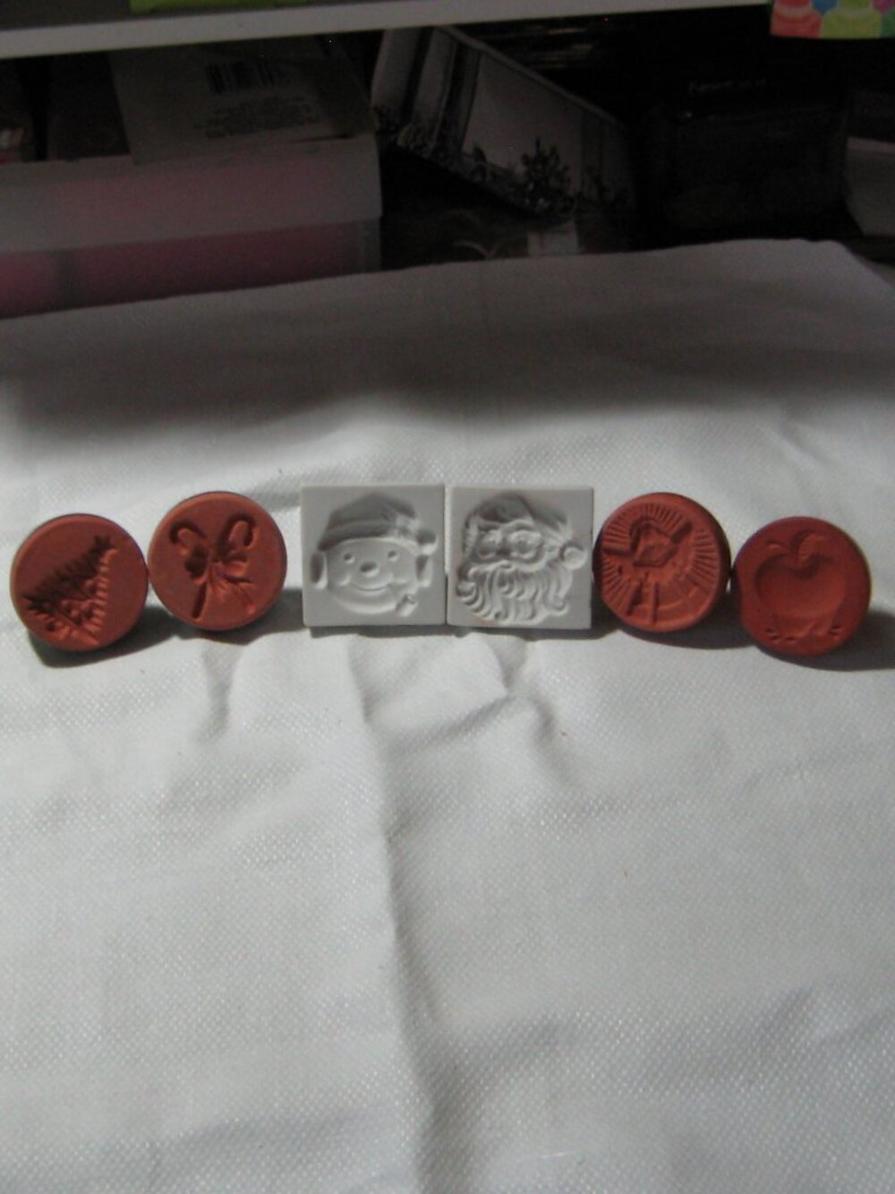 6 vintage clay cookie stamps Elf, Tree, Angel, Apple, Candy cane and  Santa head